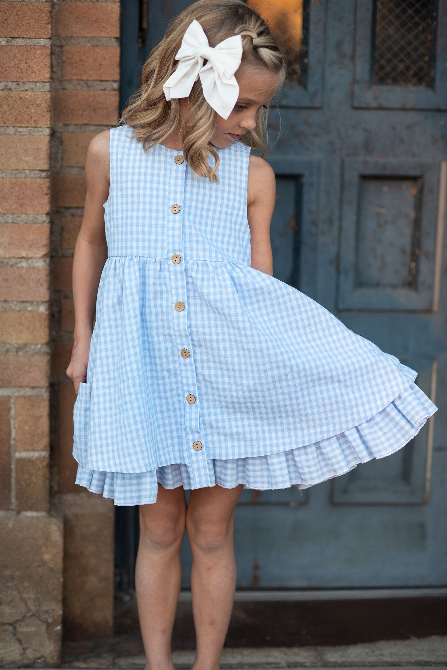 Blue & White Gingham Pocket Ruffle Dress