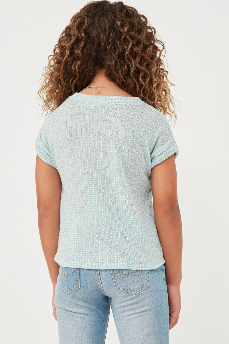 Textured Knit Buttoned Twist Front Top