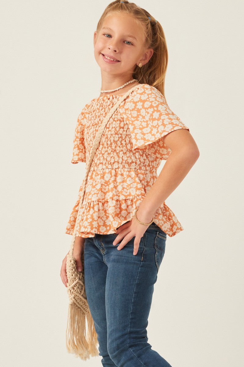 Bell Sleeve Square Neck Floral Smocked Top