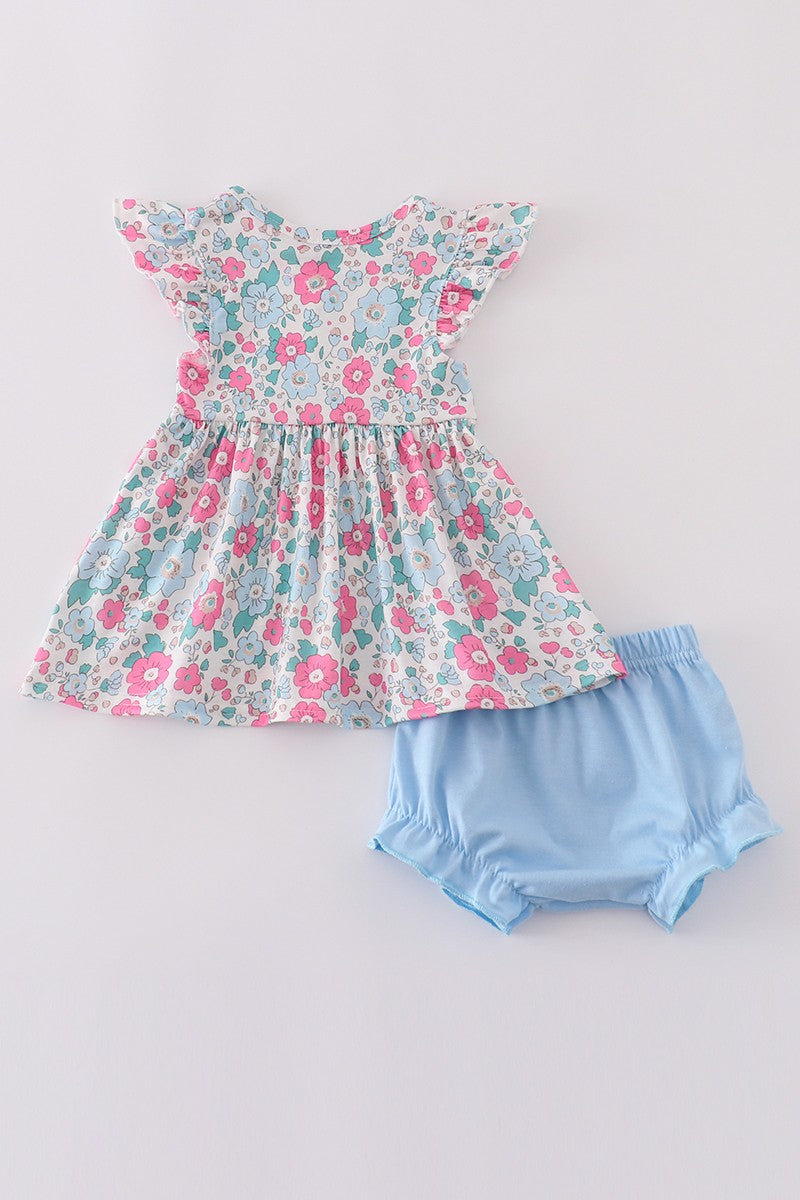 Blue Floral Print Bloomer Set