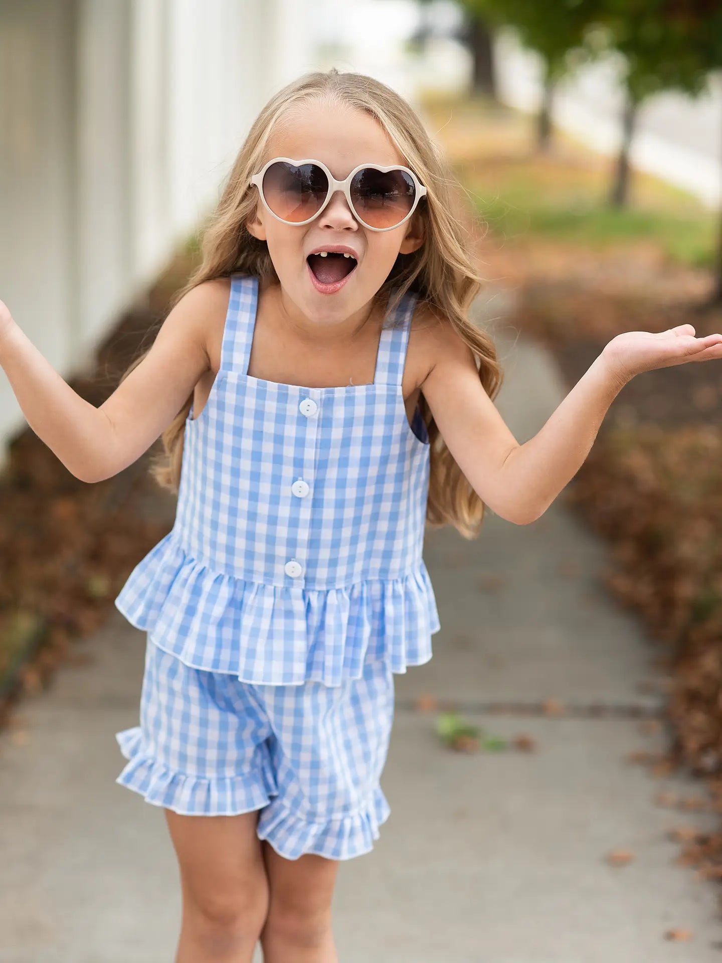 Blue Check Gingham Ruffle Button Shorts Set