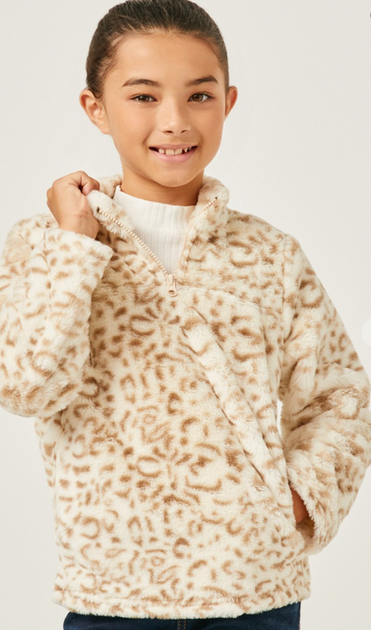 Girls Mock Neck Half Zip Leopard Print Fleece Pullover