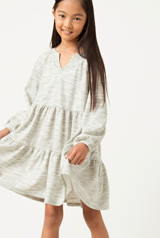 Girls Smocked Notch Marled Waffle Knit Dress
