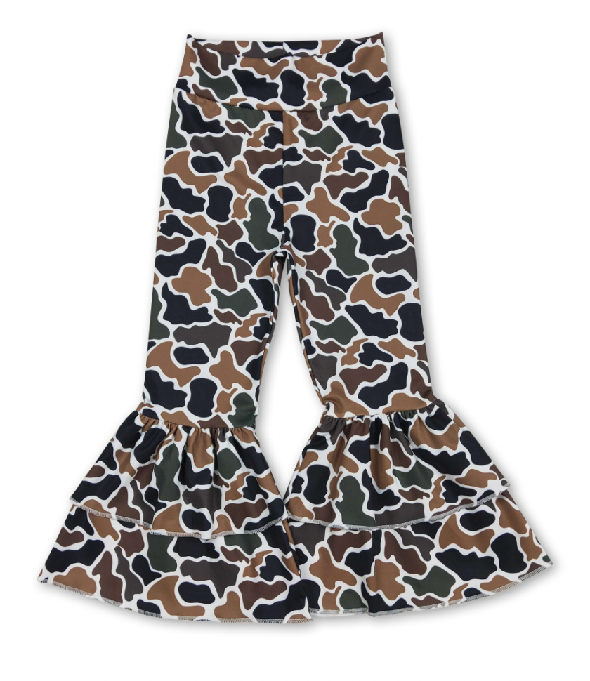 Brown Camo Double Ruffle Bell Bottoms