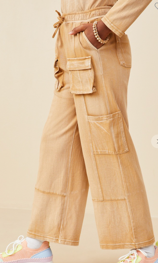 Girls Washed Cargo Pocket Wide Leg Knit Pants