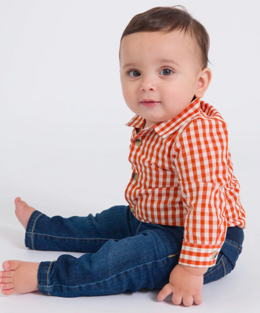 Baby Boys Classic Rust Gingham Long Sleeve Button Down Bodysuit