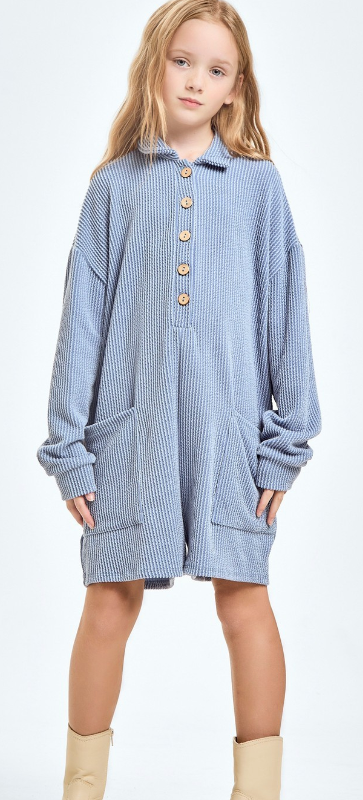 Embossed Rib Collared Button Up Romper