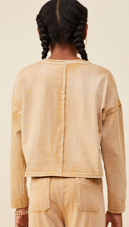 Girls Washed Chest Pocket Long Sleeve Knit T Shirt