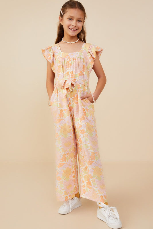 Textured Floral Wide Leg Belted Jumpsuit Romper