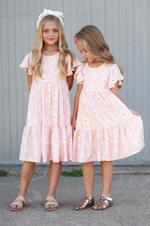 Emma Pink Daisy Flutter Sleeve Twirl Dress