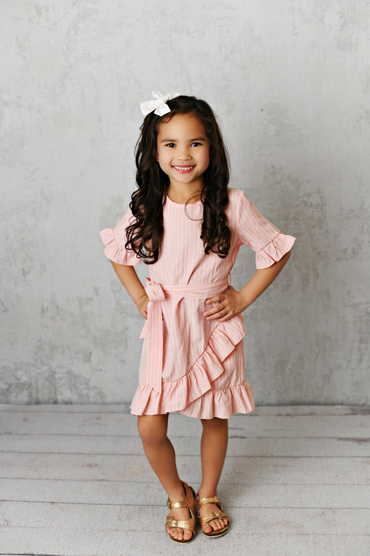 Pink Strip Tie Ruffle Dress