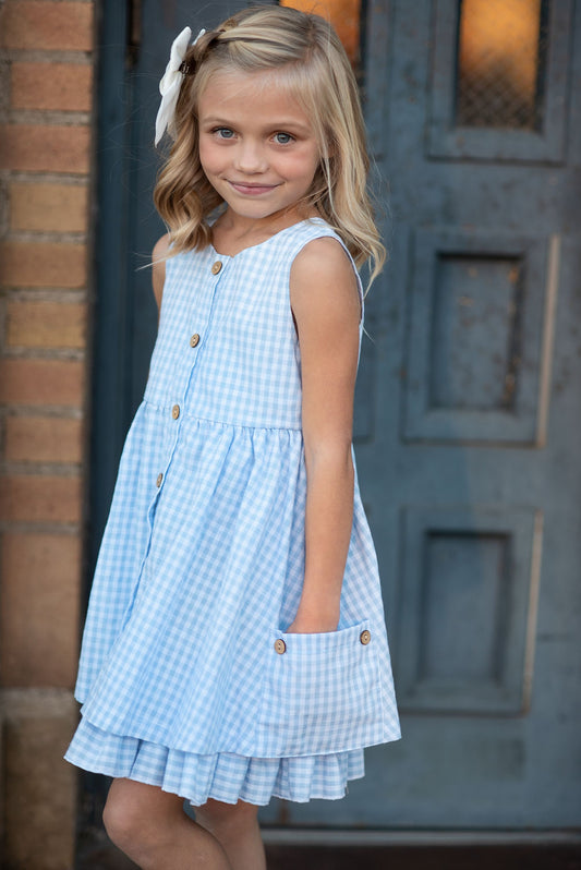 Blue & White Gingham Pocket Ruffle Dress