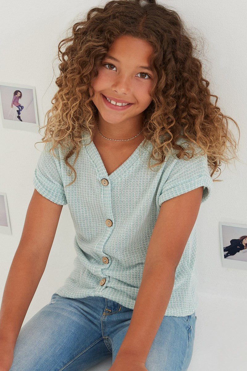 Textured Knit Buttoned Twist Front Top
