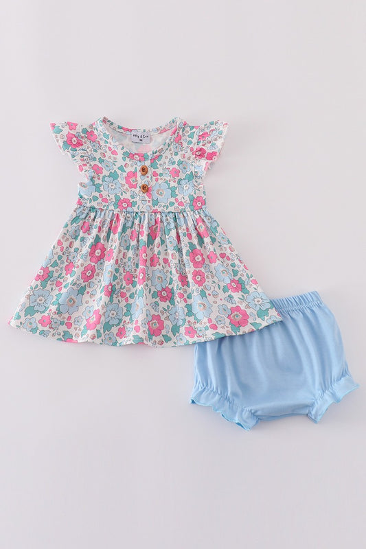 Blue Floral Print Bloomer Set