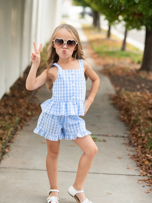 Blue Check Gingham Ruffle Button Shorts Set