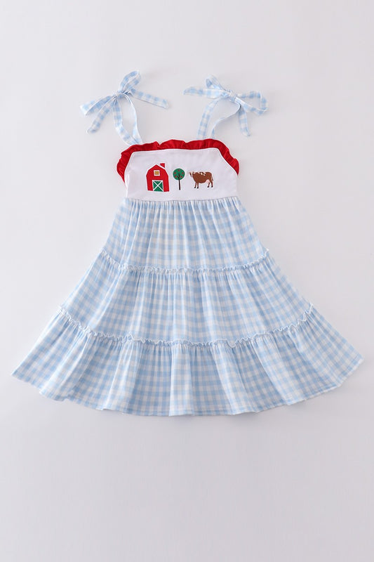 Blue Plaid Farm Embroidery Tiered Dress