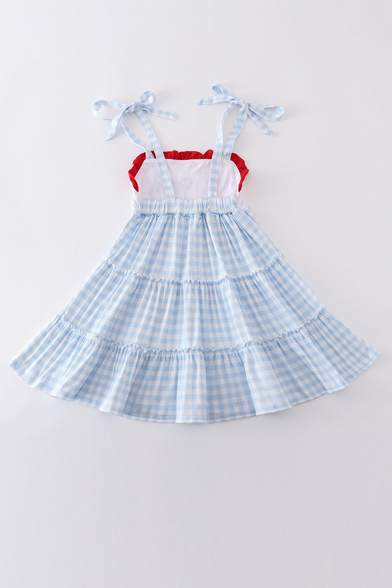 Blue Plaid Farm Embroidery Tiered Dress