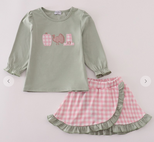 Sage Pumpkin Turkey Applique Skorts Set