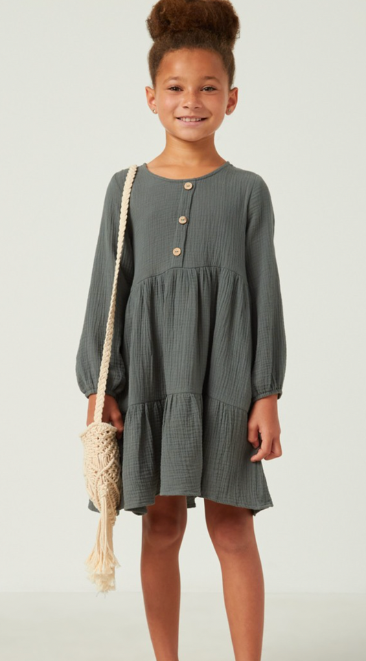 Girls Button Detail Tiered Round Neck Dress