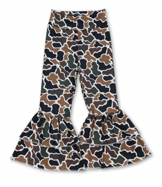 Brown Camo Double Ruffle Bell Bottoms