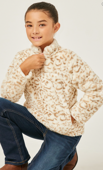 Girls Mock Neck Half Zip Leopard Print Fleece Pullover