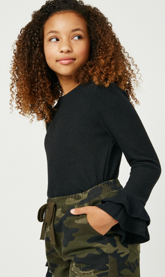 Girls Double Ruffle Long Sleeve Knit Top