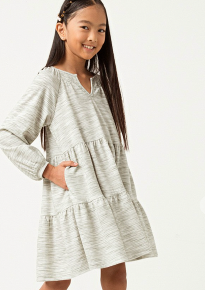 Girls Smocked Notch Marled Waffle Knit Dress