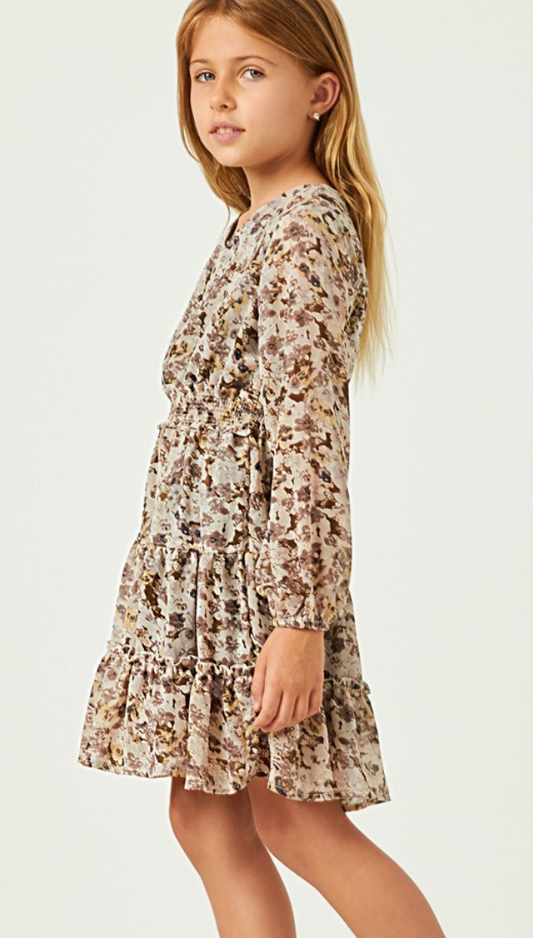 Floral Print V-neck Smock Waist Tiered Mini Dress