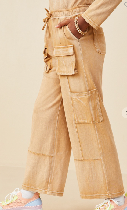 Girls Washed Cargo Pocket Wide Leg Knit Pants