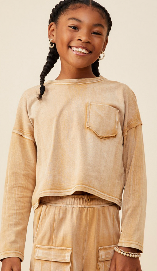 Girls Washed Chest Pocket Long Sleeve Knit T Shirt