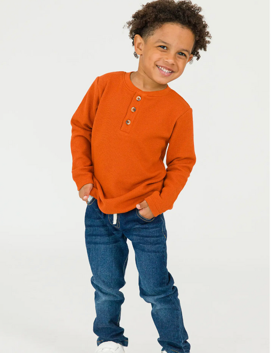 Boys Rust Waffle Knit Long Sleeve Henley Tee