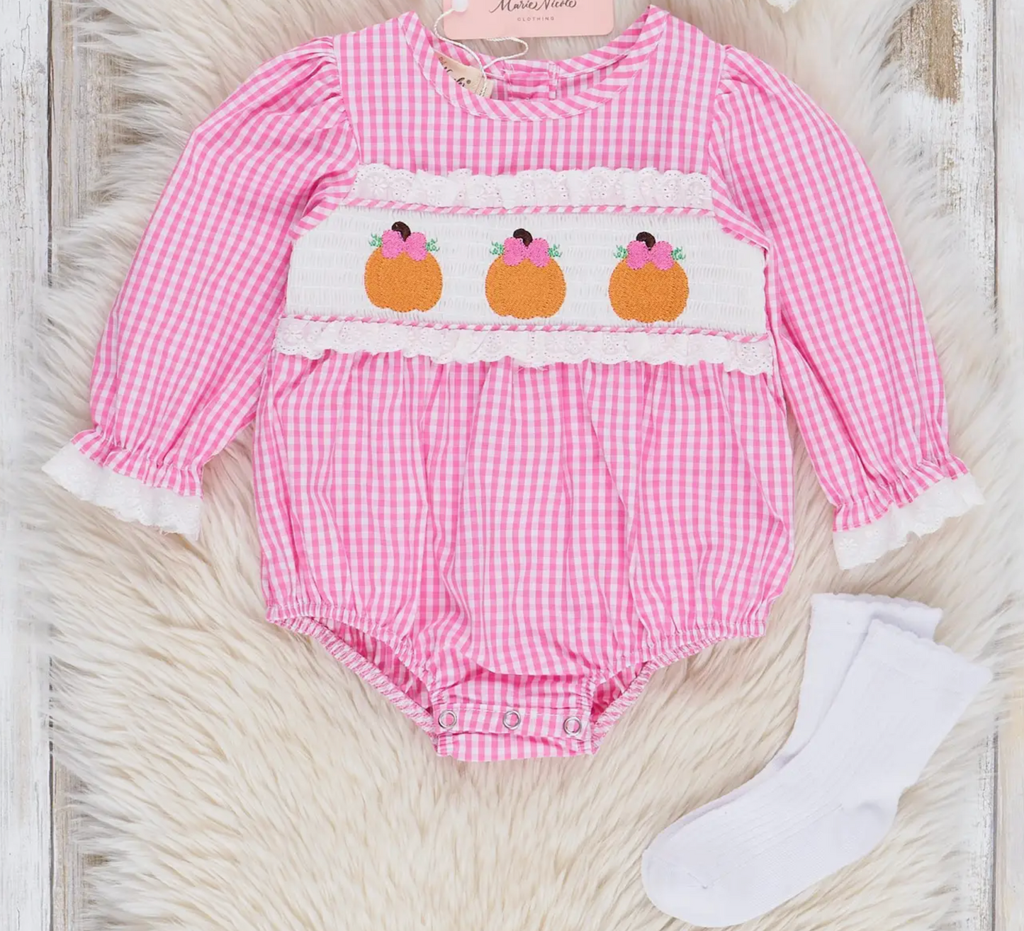 Pink Gingham Smocked Pumpkin Ruffle Bubble