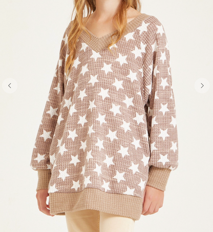 Star Print V-neck Waffle Knit Tunic Sweater