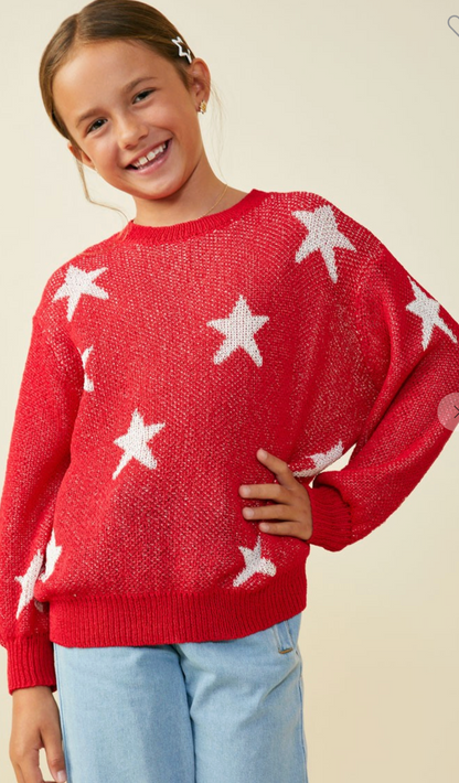 Girls Star Print Loose Knit Sweater Top
