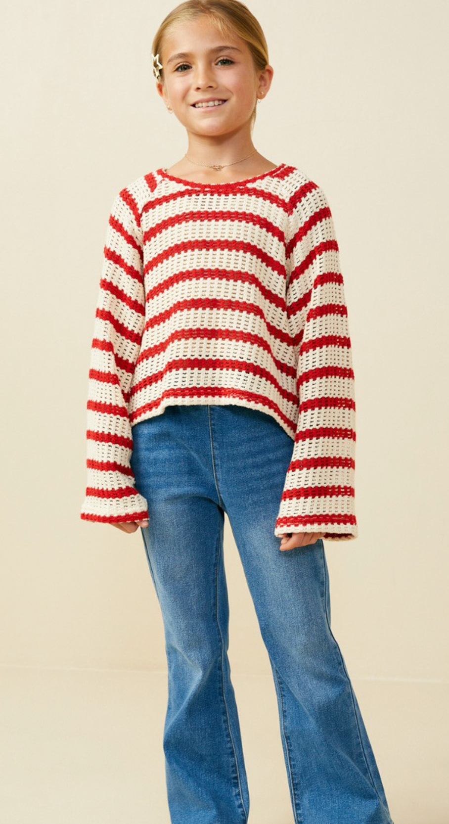 Girls Open Knit Striped Loose Knit Top