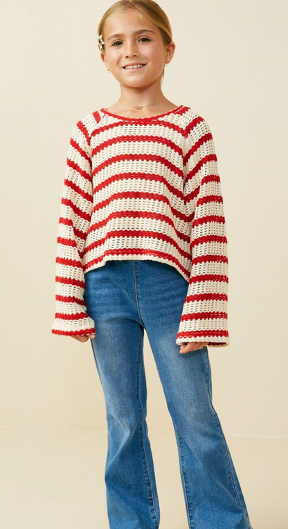 Girls Open Knit Striped Loose Knit Top