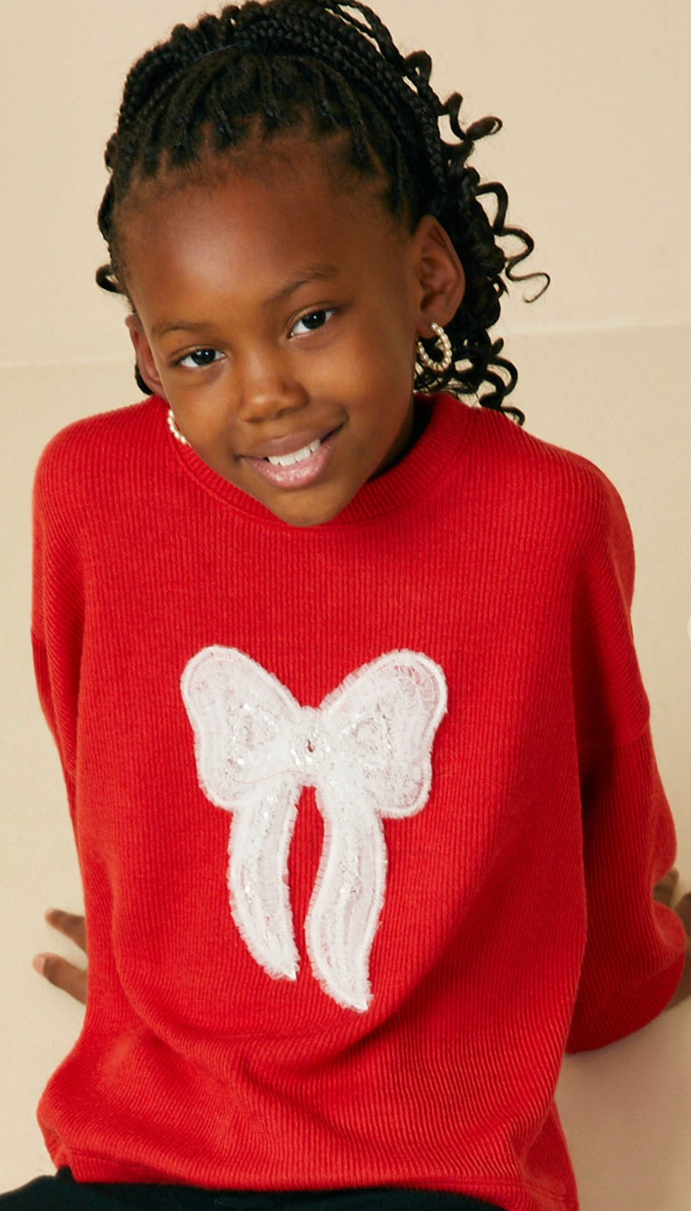 Girls Beaded Lace Bow Trim Ribbed Knit Top