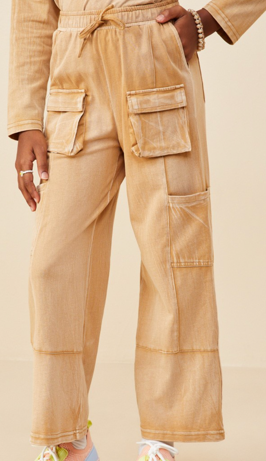 Girls Washed Cargo Pocket Wide Leg Knit Pants