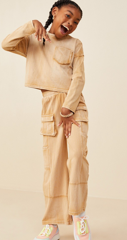 Girls Washed Chest Pocket Long Sleeve Knit T Shirt