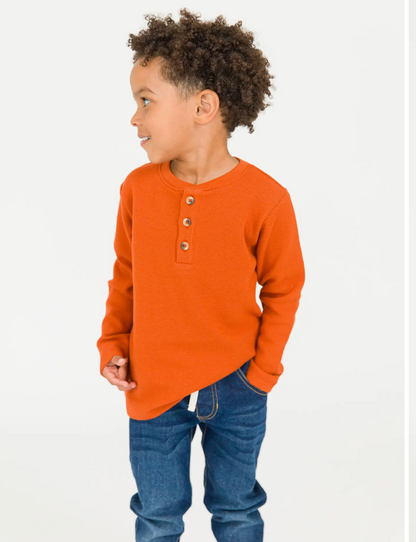 Boys Rust Waffle Knit Long Sleeve Henley Tee