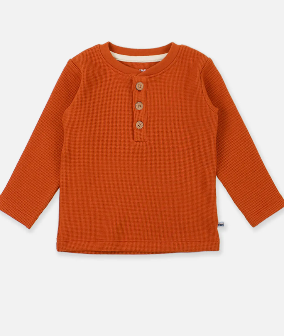Boys Rust Waffle Knit Long Sleeve Henley Tee