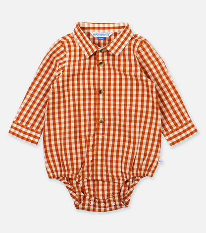 Baby Boys Classic Rust Gingham Long Sleeve Button Down Bodysuit