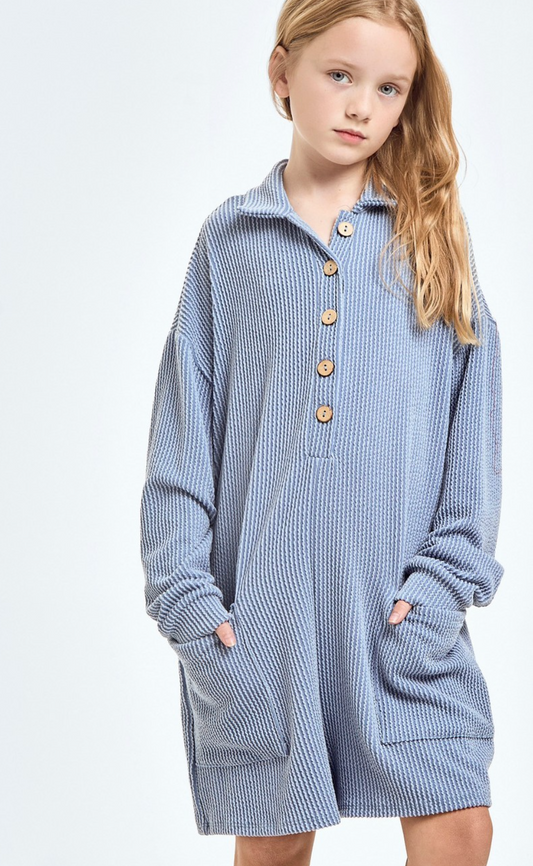 Embossed Rib Collared Button Up Romper