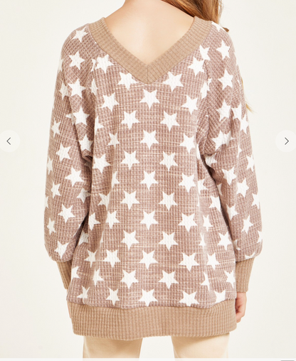 Star Print V-neck Waffle Knit Tunic Sweater
