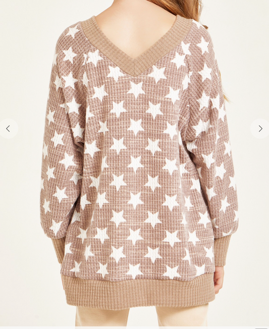 Star Print V-neck Waffle Knit Tunic Sweater