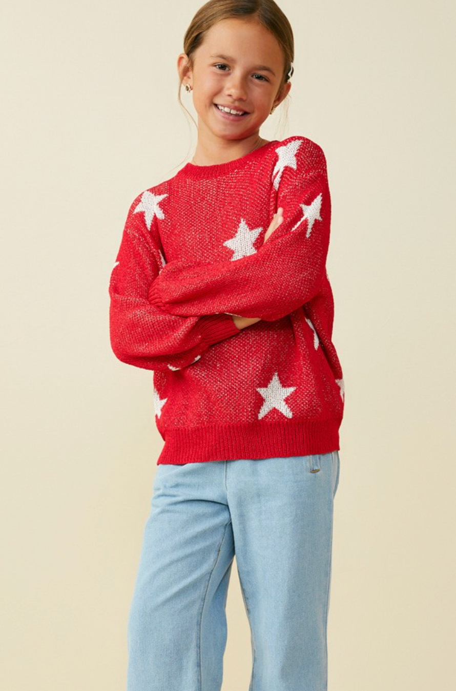 Girls Star Print Loose Knit Sweater Top