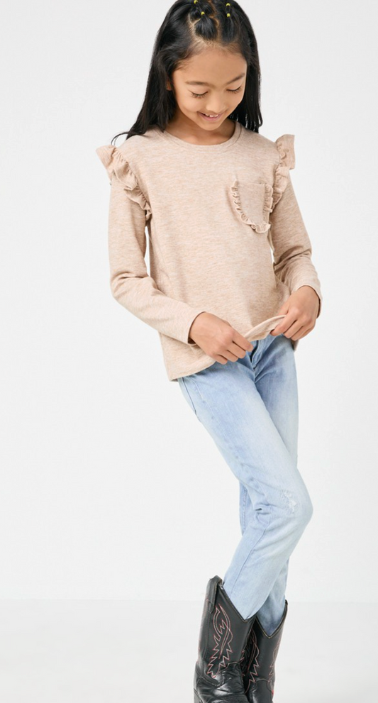 Girls Ruffle Puff Sleeve Pocketed T-shirt