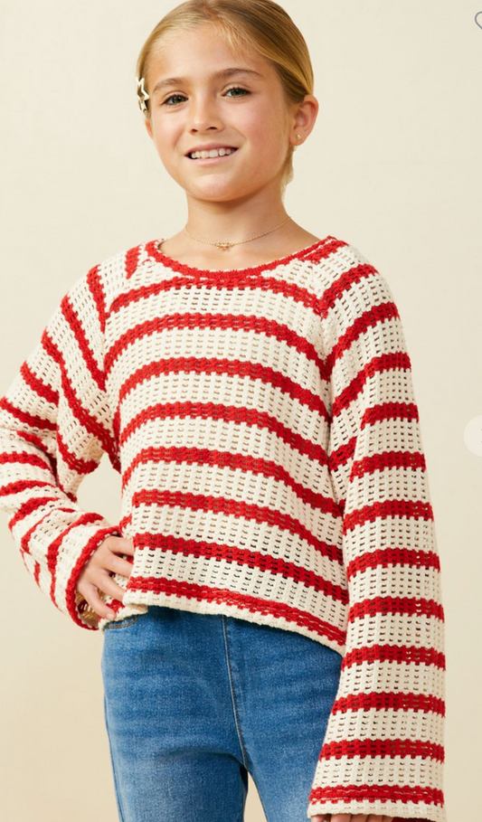 Girls Open Knit Striped Loose Knit Top