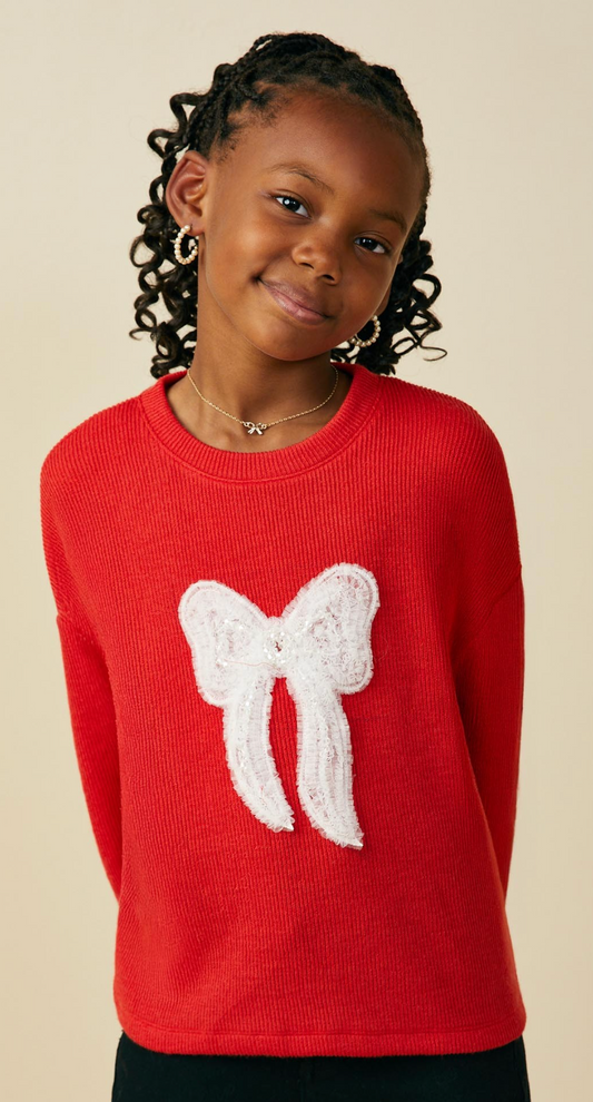 Girls Beaded Lace Bow Trim Ribbed Knit Top