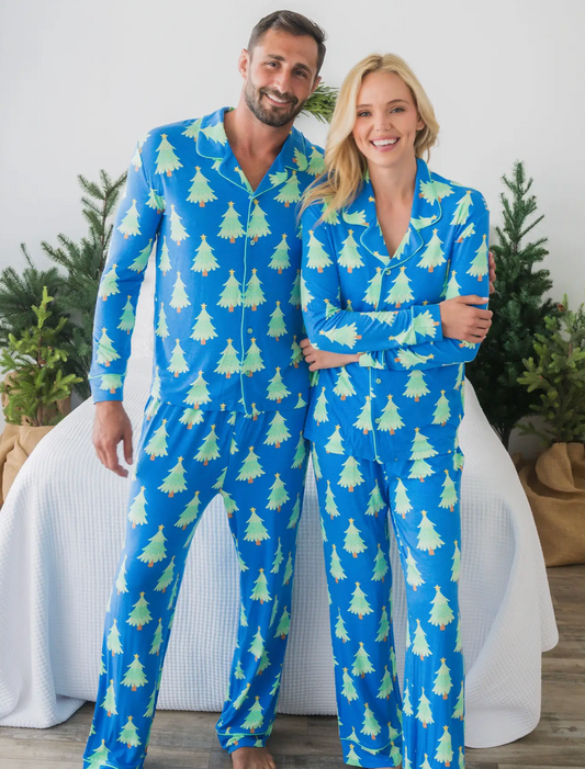Softsnooze™ Adult Bamboo Viscose Blue Twinkling Trees Button Up Pajama Set